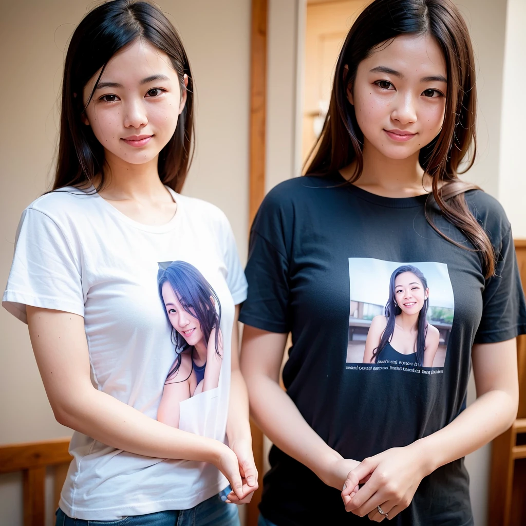 Highest quality, Face Focus, Soft Light, Ultra-high resolution, (Realistic:1.4), RAW Photos, 1 Japanese girl, alone, cute, (A shy smile), (Brown eyes, Light in your eyes), Beautiful face in every detail, (Small box),(High resolution detail of human skin texture), (Long Hair), Inside the room、Barely、Distant View、Wearing a T-shirt
