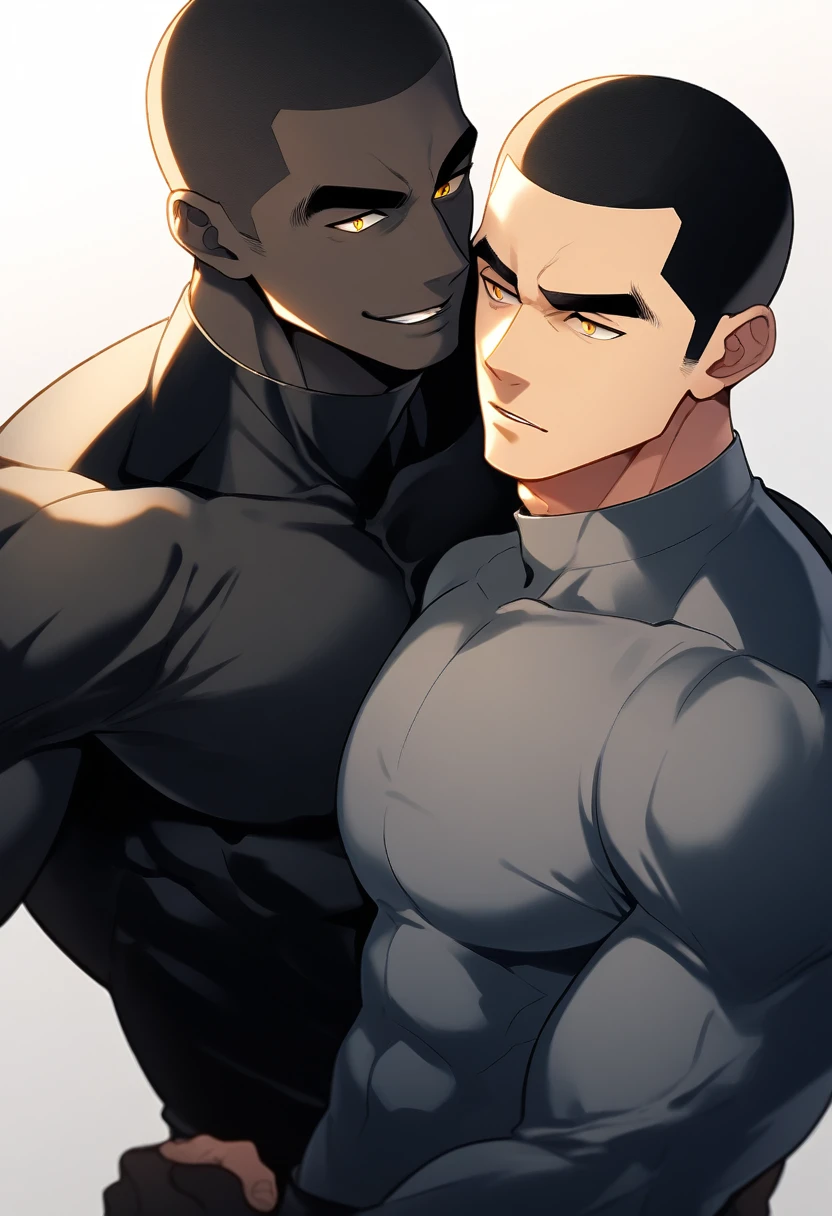 anime characters：Two superheroes in tights, Muscle superhero, Buzz Cut，negro black skin, They hugged and kissed each other, Bite your neck, Caress, Manliness, male focus, Yellow and black high collar long sleeve tight T-shirt, Slightly transparent material, Very tight, Round, full and perky chest muscles, Male dog waist, Slightly transparent, muscular male, muscular, only, Upper body, alone, Black short hair, Thick eyebrows, stubble, Yellow eyes, Grey background, simple background, amazing quality, best aesthetics, Ridiculous, bright pupils, crew cut, parted lips, seductive smile, torogao, naughty face, drop shadow, best quality