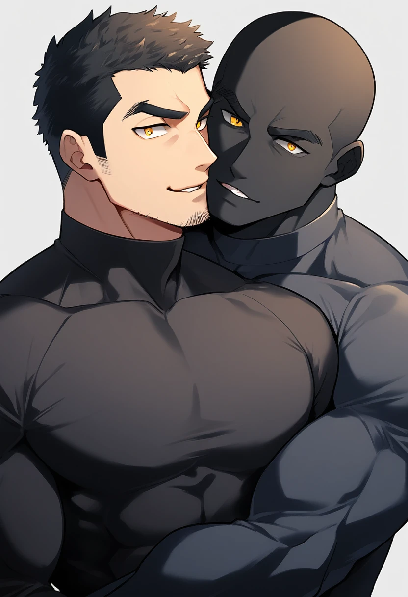 anime characters：Two superheroes in tights, Muscle superhero, Buzz Cut，negro black skin, They hugged and kissed each other, Bite your neck, Caress, Manliness, male focus, Yellow and black high collar long sleeve tight T-shirt, Slightly transparent material, Very tight, Round, full and perky chest muscles, Male dog waist, Slightly transparent, muscular male, muscular, only, Upper body, alone, Black short hair, Thick eyebrows, stubble, Yellow eyes, Grey background, simple background, amazing quality, best aesthetics, Ridiculous, bright pupils, crew cut, parted lips, seductive smile, torogao, naughty face, drop shadow, best quality