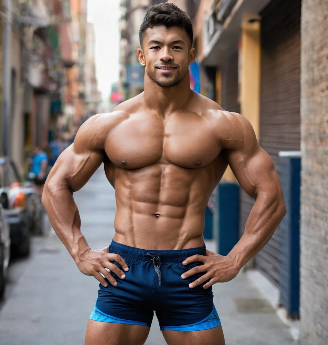 muscular young man, wearing no shirt, defined six pack abs, biceps curls, big and hairy pecs, wearing only tight shorts.