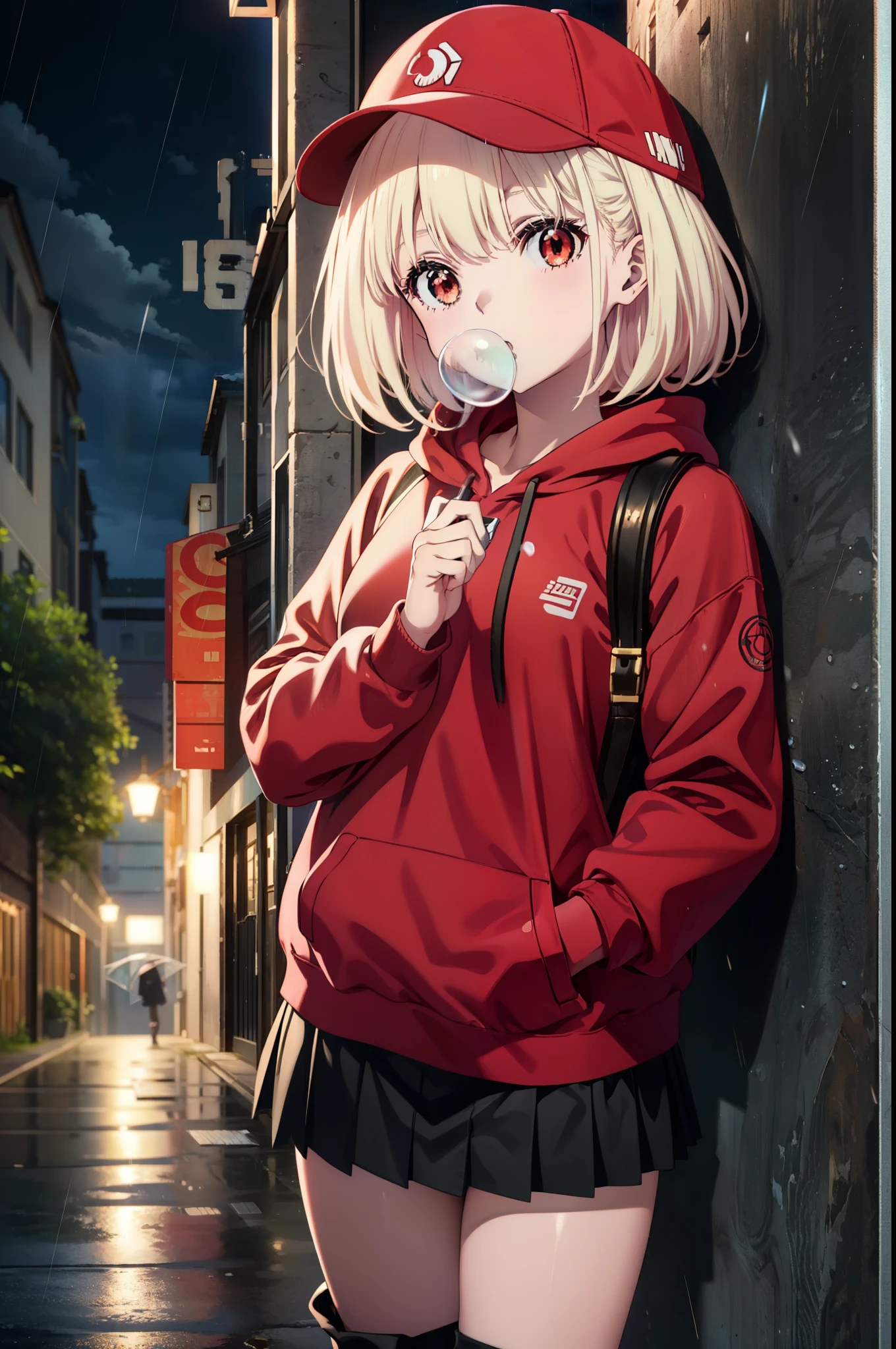 , Chisato Nishikigi, length, bangs, blonde, (Red eyes:1.5), Baseball cap,Oversized red hoodie,mini skirt,Black knee socks,short boots,Standing leaning against a wall,rain,cloudy,Hide under the roof,whole bodyがイラストに入るように,Blowing bubble gum,
break outdoors, alley,
break looking at viewer, whole body,
break (masterpiece:1.2), Highest quality, High resolution, unity 8k wallpaper, (shape:0.8), (Beautiful attention to detail:1.6), extレムely detailed face, Perfect lighting, extレムely detailed CG, (Perfect hands, Perfect Anatomy),