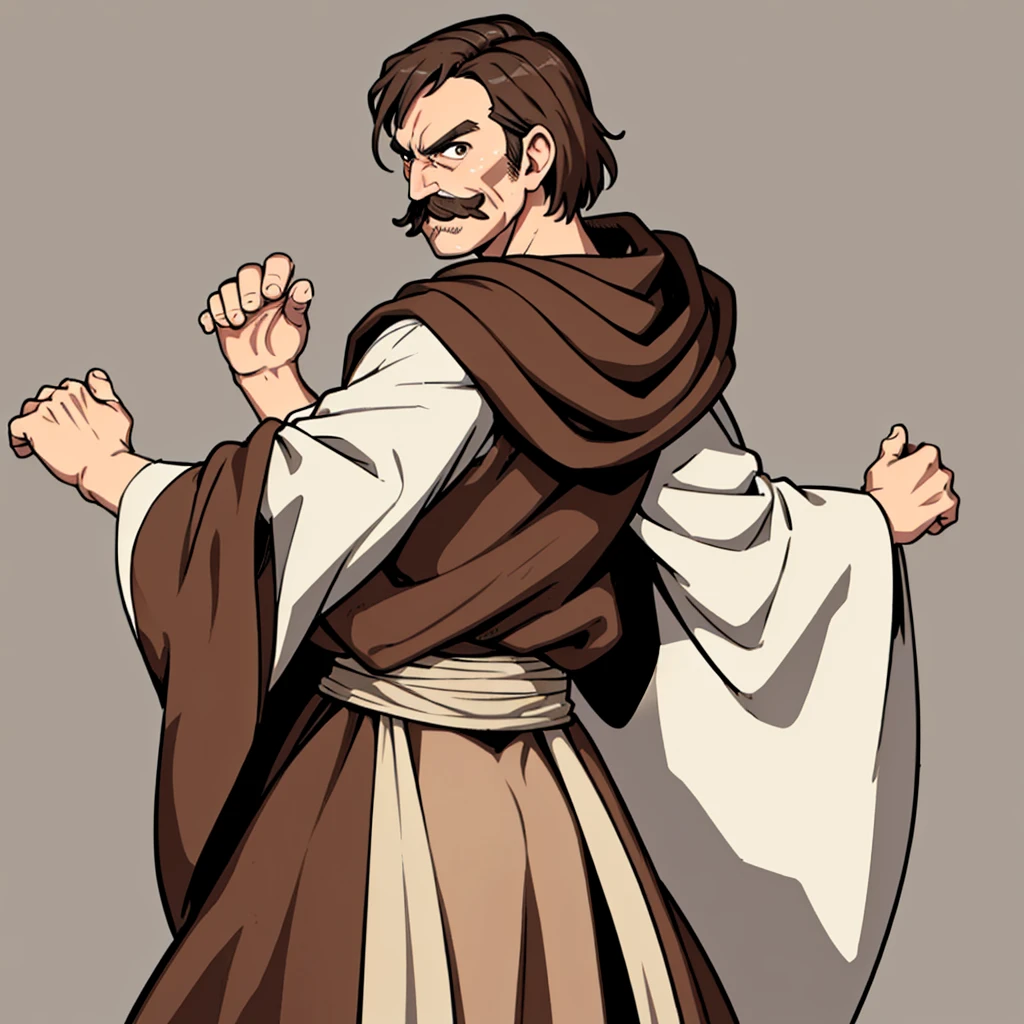 ((((Solo))))、Highest quality, Best Quality,Best illustrationiddle ages、(((Simple brown robe)))、(40-year-old uncle、mature、Kaiser moustache)、(Cool expression)、Fighting stance、(From the back)