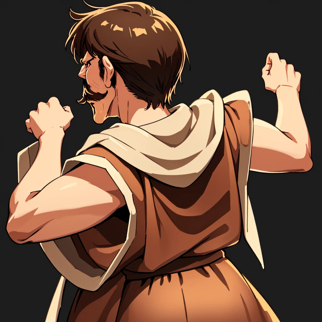 ((((Solo))))、Highest quality, Best Quality,Best illustrationiddle ages、(((Simple brown robe)))、(40-year-old uncle、mature、Kaiser moustache)、(Cool expression)、Fighting stance、(From the back)