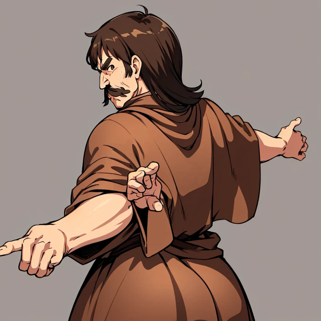 ((((Solo))))、Highest quality, Best Quality,Best illustrationiddle ages、(((Simple brown robe)))、(40-year-old uncle、mature、Kaiser moustache)、(Cool expression)、Fighting stance、(From the back)