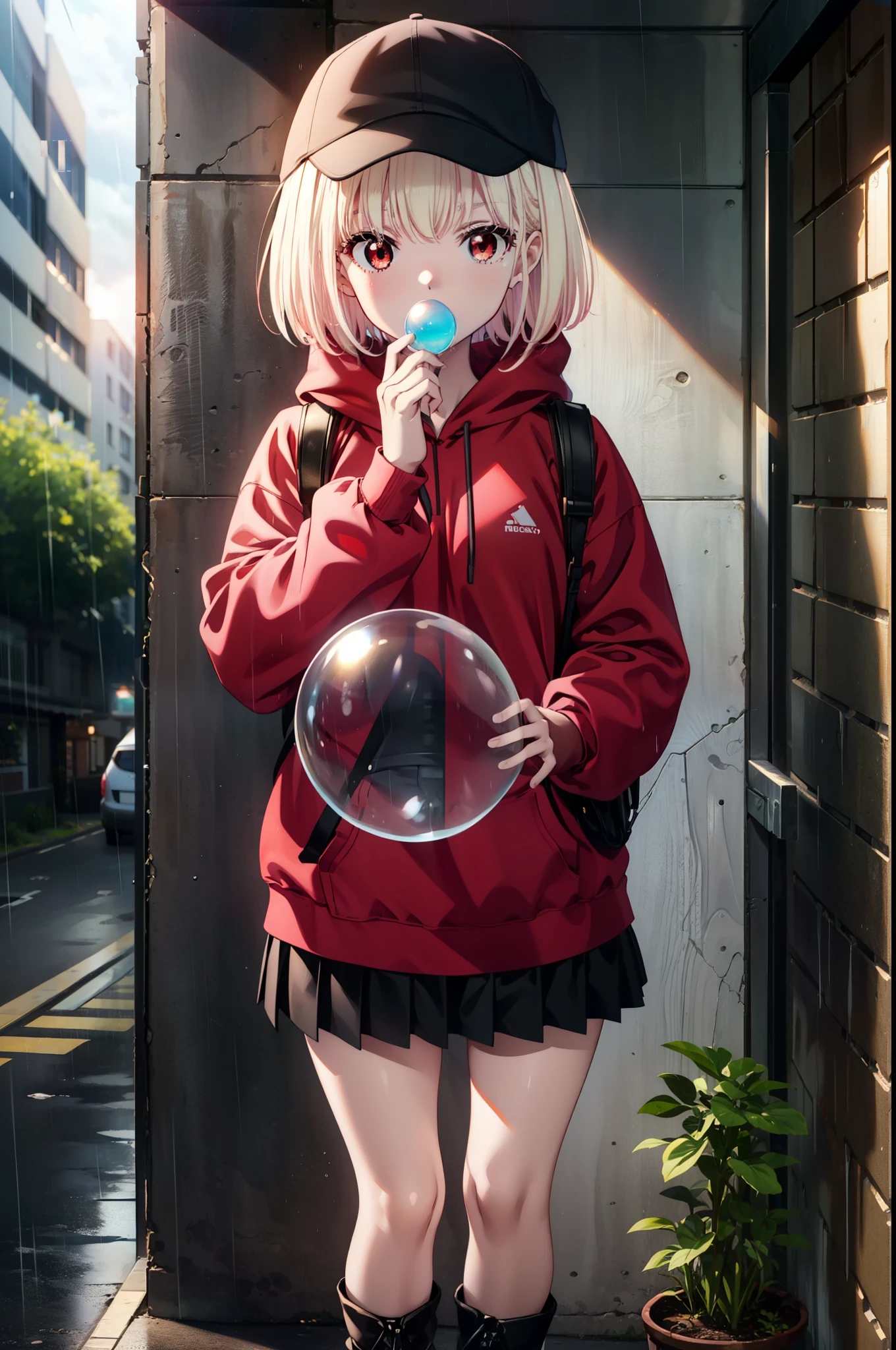 , Chisato Nishikigi, length, bangs, blonde, (Red eyes:1.5), Baseball cap,Oversized red hoodie,mini skirt,Black knee socks,short boots,Standing leaning against a wall,rain,cloudy,Hide under the roof,whole bodyがイラストに入るように,Blowing bubble gum,
break outdoors, alley,
break looking at viewer, whole body,
break (masterpiece:1.2), Highest quality, High resolution, unity 8k wallpaper, (shape:0.8), (Beautiful attention to detail:1.6), extレムely detailed face, Perfect lighting, extレムely detailed CG, (Perfect hands, Perfect Anatomy),