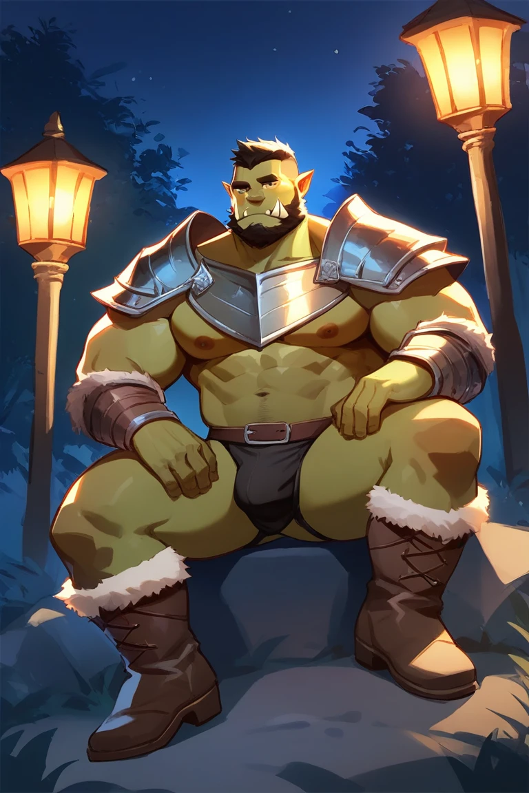 score_9, score_8_up, score_7_up, solo, male focus, bulk male, orc, green skin, tusks, beard, outdoors, micro armor , shoulder armor, breastplate, upper body, closed mouth, pauldrons, night, night sky, boots , shirtless , (black briefs) , full body , black boots , massive ass , laying , spread legs