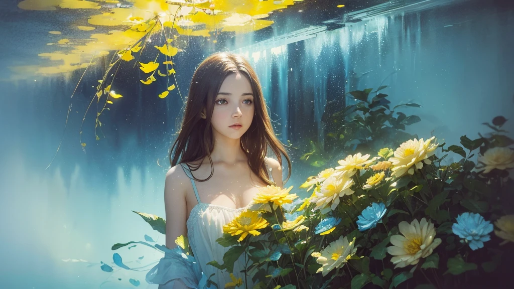 32k, Masterpiece, Highest quality, One girl, Brown Hair, Detailed eyes, flower,Dahlia, Light blue and yellow style,A dreamy, romantic piece,Pale yellow, Mysterious Leaves,A playful arrangement,Fantasy,High Contrast,Ink strokes,explosion,Exposure, Impression of light blue and yellow tones,Abstract,((Watercolours by John Berkey and Jeremy Mann )) Brush strokes,Negative Space, Tyndall effect,