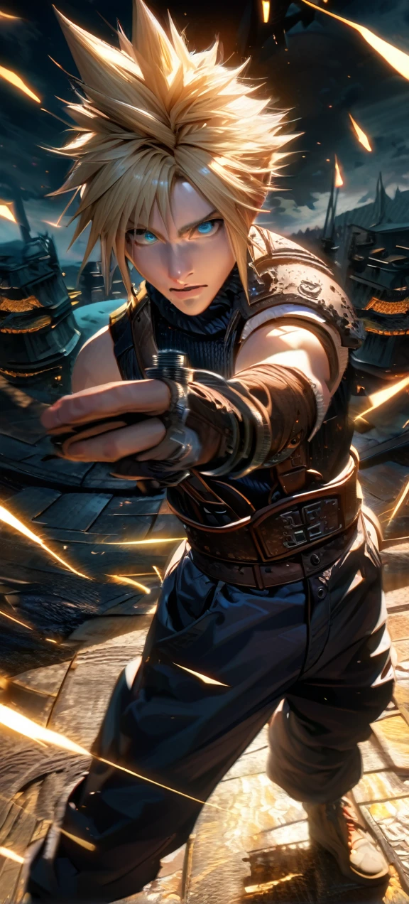 Symetrical,absurdres, highres, ultra detailed, HDR, masterpiece, extremely detailed face and eyes, Cloud Strife,final fantasy 7, yellow hair , , solo, man, handsome, ,, ,Epic fight scene, yellow lightning effect, glowing glitters, symetrical , 