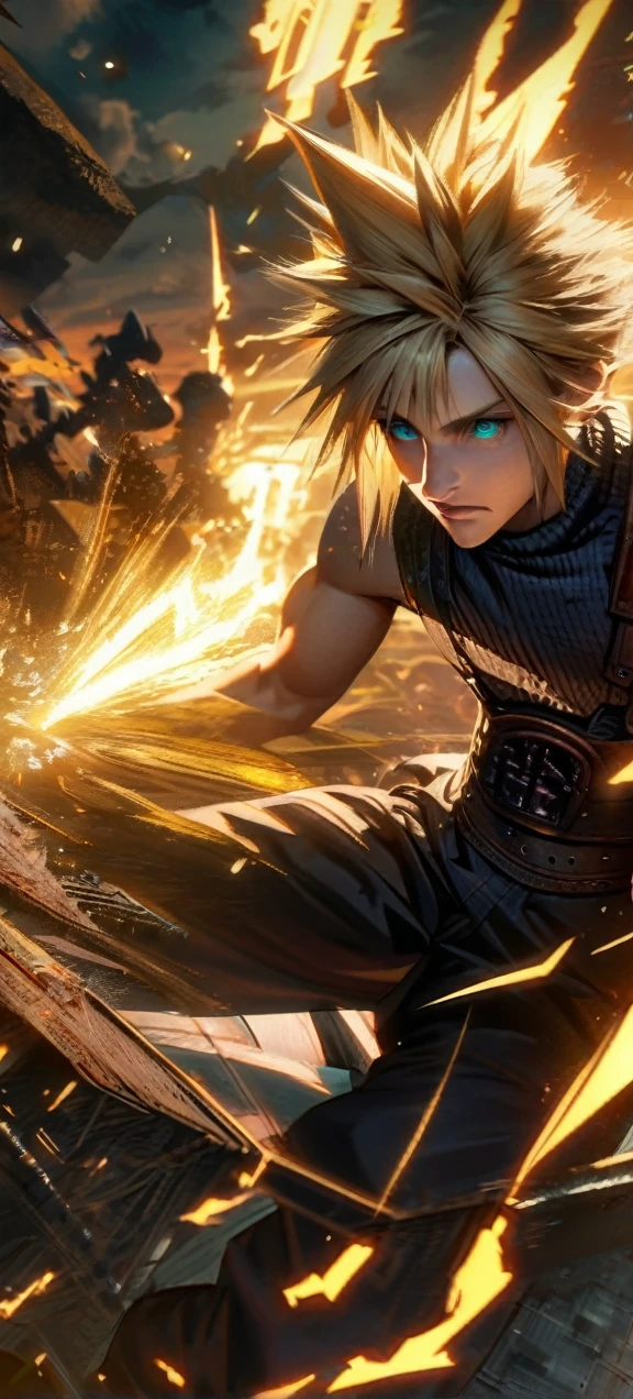 Symetrical,absurdres, highres, ultra detailed, HDR, masterpiece, extremely detailed face and eyes, Cloud Strife,final fantasy 7, yellow hair , , solo, man, handsome, ,, ,Epic fight scene, yellow lightning effect, glowing glitters, symetrical , 