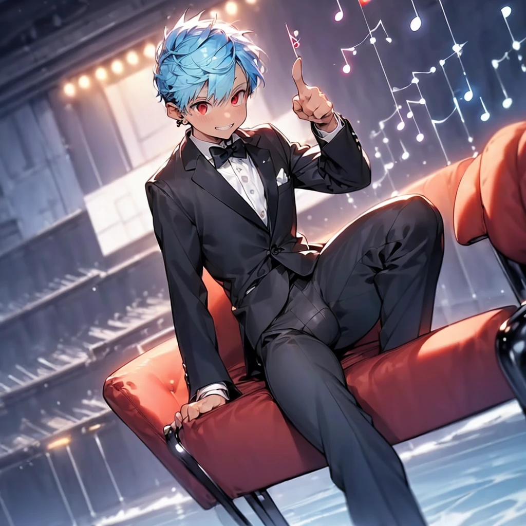 (solo:2.5), (boldline:-1.7), (put index finger on mouth:1.5), (floating musical notes:1.7), (sitting on red chair:1.5), (((fang))), (((best finger))), BREAK (best quality:1.5), (absolutely resolution:1.5), (ultra detailed:1.5), (masterpiece:1.5), (perfect face), (detailed face), (detailed eyes:1.3), (best eyes), (cute face), (shota:2), BREAK (tuxedo:1.5), (bulge:1.6), (skinny:1.3), BREAK (light blue hair:1.5), (spiked hair), (wine red eyes:1.4), (eyes with highlight:1.6), ((mole under eye)), (sweaty skin), (grin:1.5), ((earrings)), (shiny skin:1.3), BREAK (concert hall:1.5), (spot light:1.3), (at concert), (many people), ((wind blowing)), frow below, (upper body),