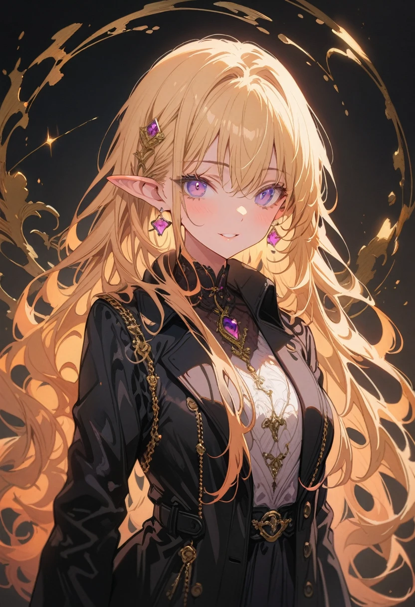 1girl,seductive smile,purple eyes,pointy ears,blonde hair,long hair,best quality,Amazing,masterpiece,delicate,ultra high res,ultra detailed,8K,sharp focus,(extremely detailed CG unity 8k wallpaper),(Black trench coat:1.5),Angel,whole body