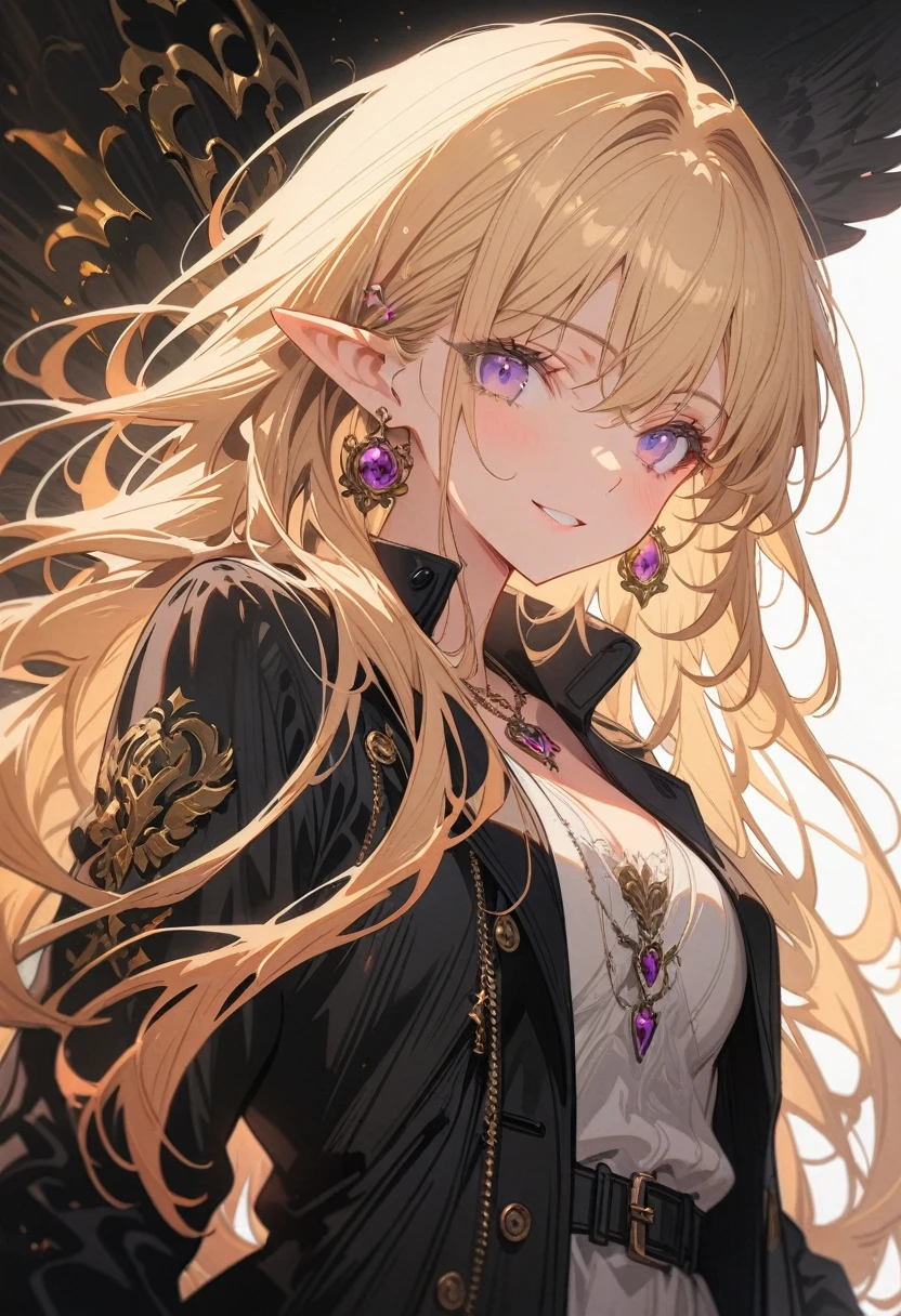 1girl,seductive smile,purple eyes,pointy ears,blonde hair,long hair,best quality,Amazing,masterpiece,delicate,ultra high res,ultra detailed,8K,sharp focus,(extremely detailed CG unity 8k wallpaper),(Black trench coat:1.5),Angel,whole body