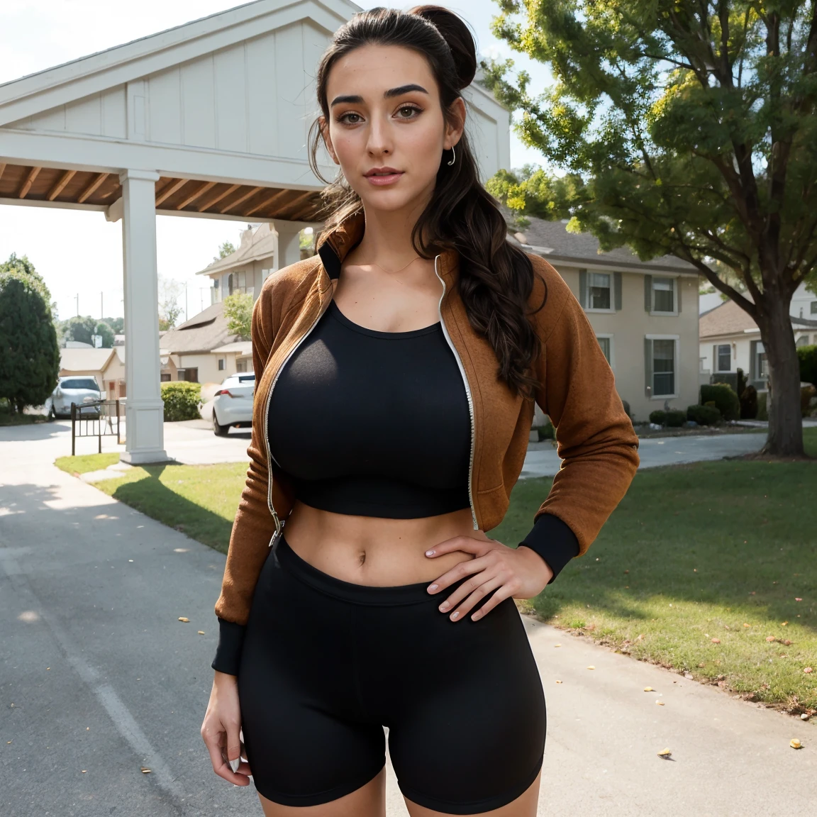 Extremely busty thin and toned brunette, college girl, fair skin, loose updo, soft face, athletic, tight cycling jacket, compression shorts. standing in front of her house, outdoors, driveway, suburbs, bicycle attire, unzipped, cleavage
