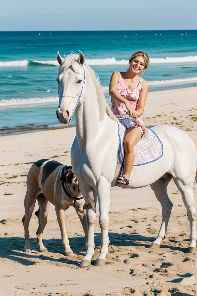 NSFW (nude) (Melissa Benoist ((human)) medium breasts, strip of pubic hair) full body, sitting on the back of a (((nude male white horse with dangling horse penis))), full body, on a deserted beach