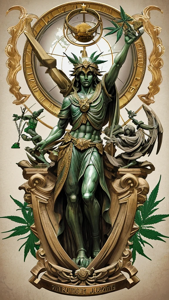 Statue of justice holding the globe with map of Brazil in his right hand and a cannabis leaf in his left hand