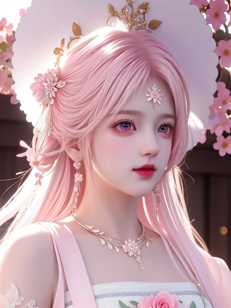 best quality, masterpiece, High target, There is a girl with a basket of flowers on her head, Big breast beauty,Very sexy,beautiful clothes, Hair Decorationss, necklace, Decorations, Pretty Face, When the body, Tyndall effect, Realistic Portraits, Edge lighting, Two-color light, (Very delicate skin:1.2), 8K uhd, Digital SLR Camera, Soft Light, high quality, Volumetric Lighting, Honest, photo, high resolution, 4K, 8K, Bokeh, Pink hair,Pink Eyes.