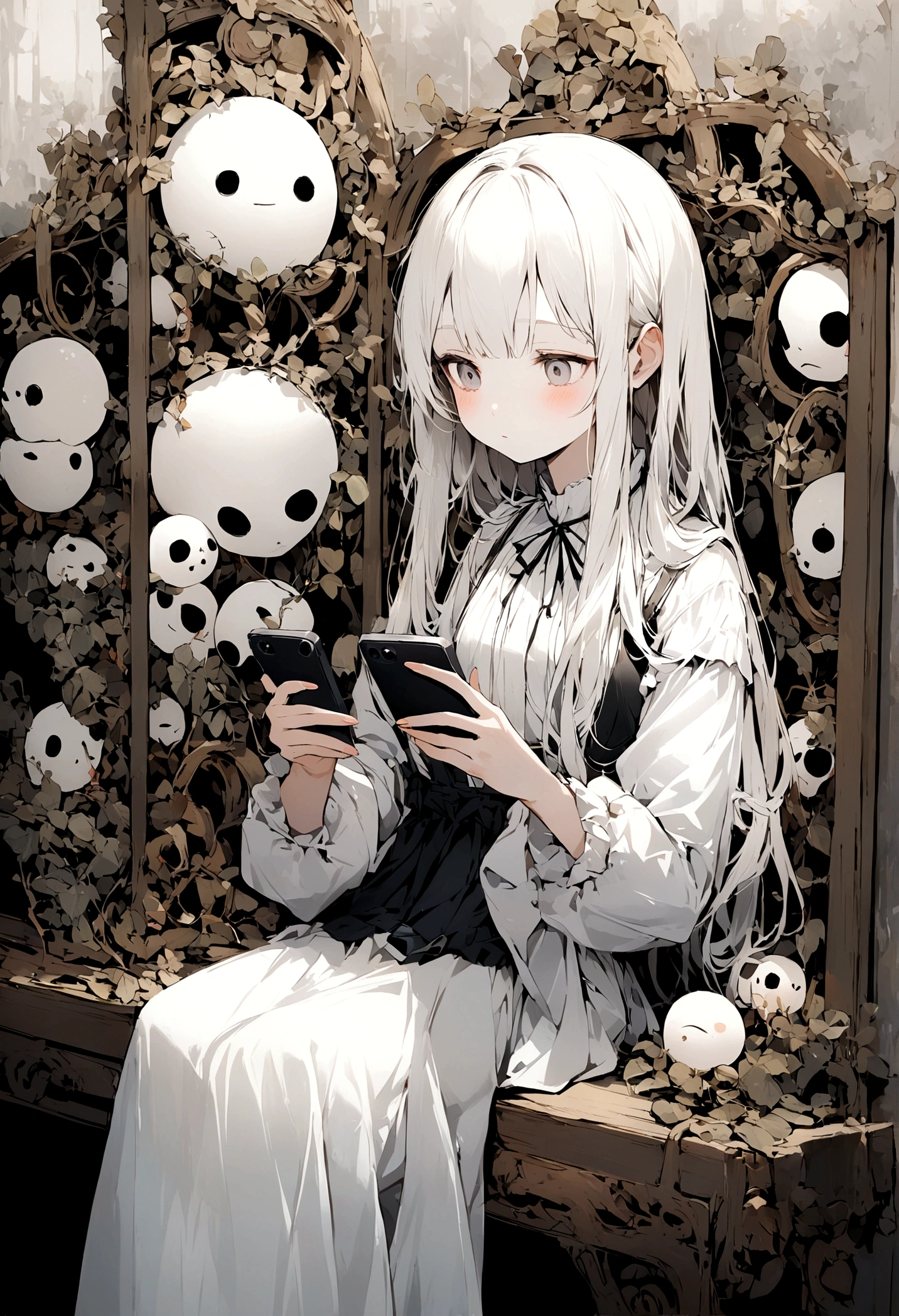 albino girl looking at cell phone with long-haired albino friend next to her