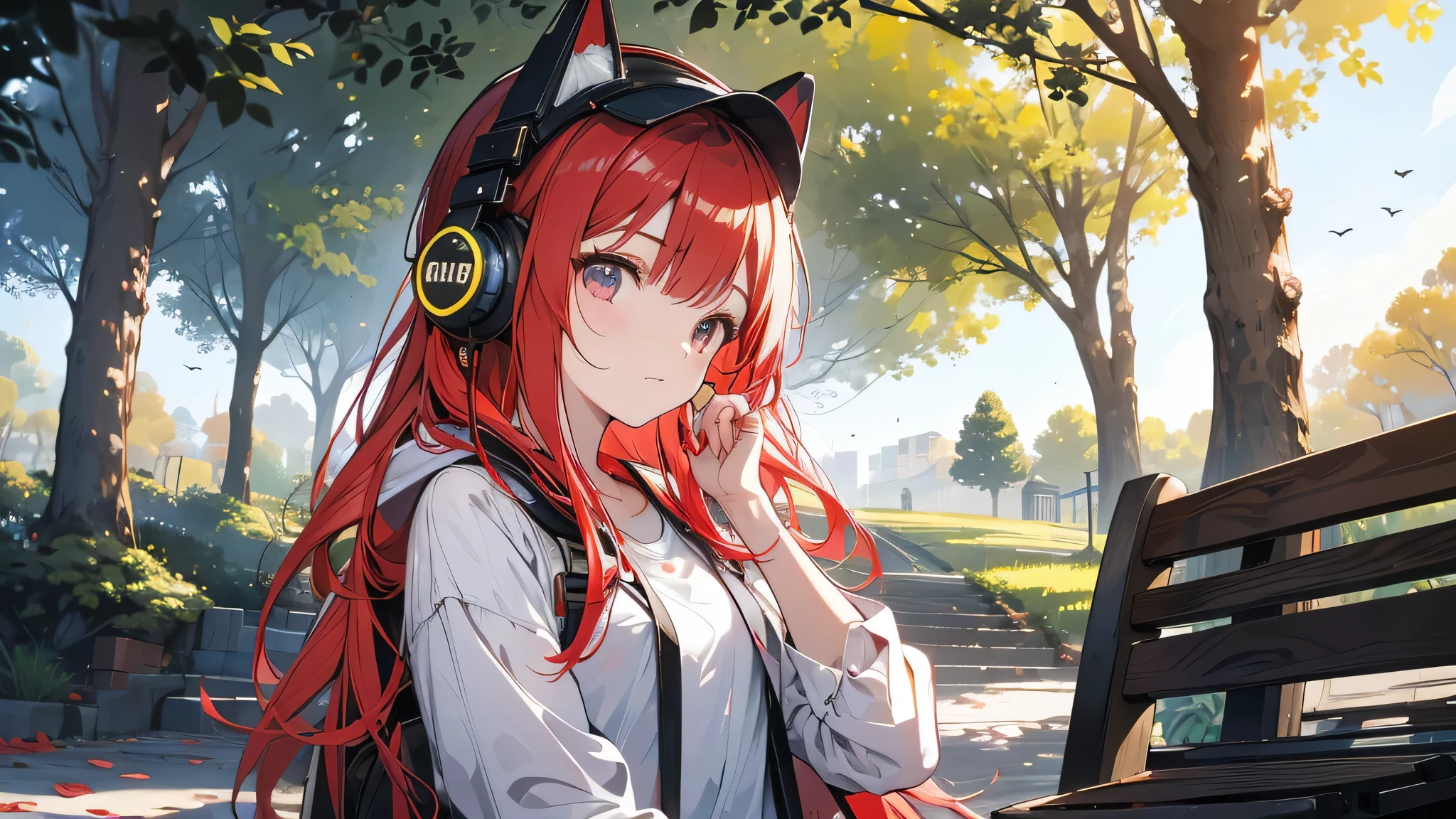 Girl wearing headphones。Red Hair。Relaxing in the park