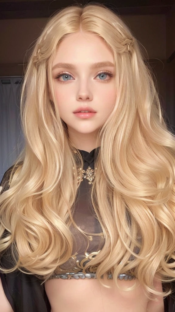 um close de uma mulher with long blonde hair e uma blusa preta, long blonde hair and big eyes, long curly light blonde hair, a gorgeous blonde, long luxurious light blonde hair, with very long blonde hair, with long blonde hair, extremely long and thick blonde hair, ornate long flowing blonde hair, brunette with dyed blonde hair, long curly blonde hair