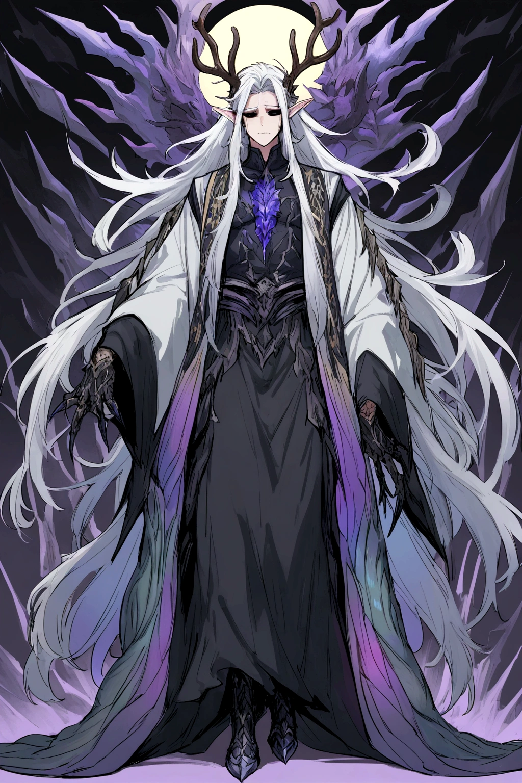Solo, male teen, Character fusion: Nibelung fused with nidhoggr, odin and sun wukong, tall tanned man with wild unruly white hair, bangs on face, bangs, ((iridescent irises)), black sclera on eyes, long voluminous hair, spiky hair, pointy ears, fit , clawed fingers, dragon tail, open haori, turtleneck tanktop, dark crystal antlers, exhausted expression, khaenr'ah abyss, draconic person, calamity incarnate,  full body