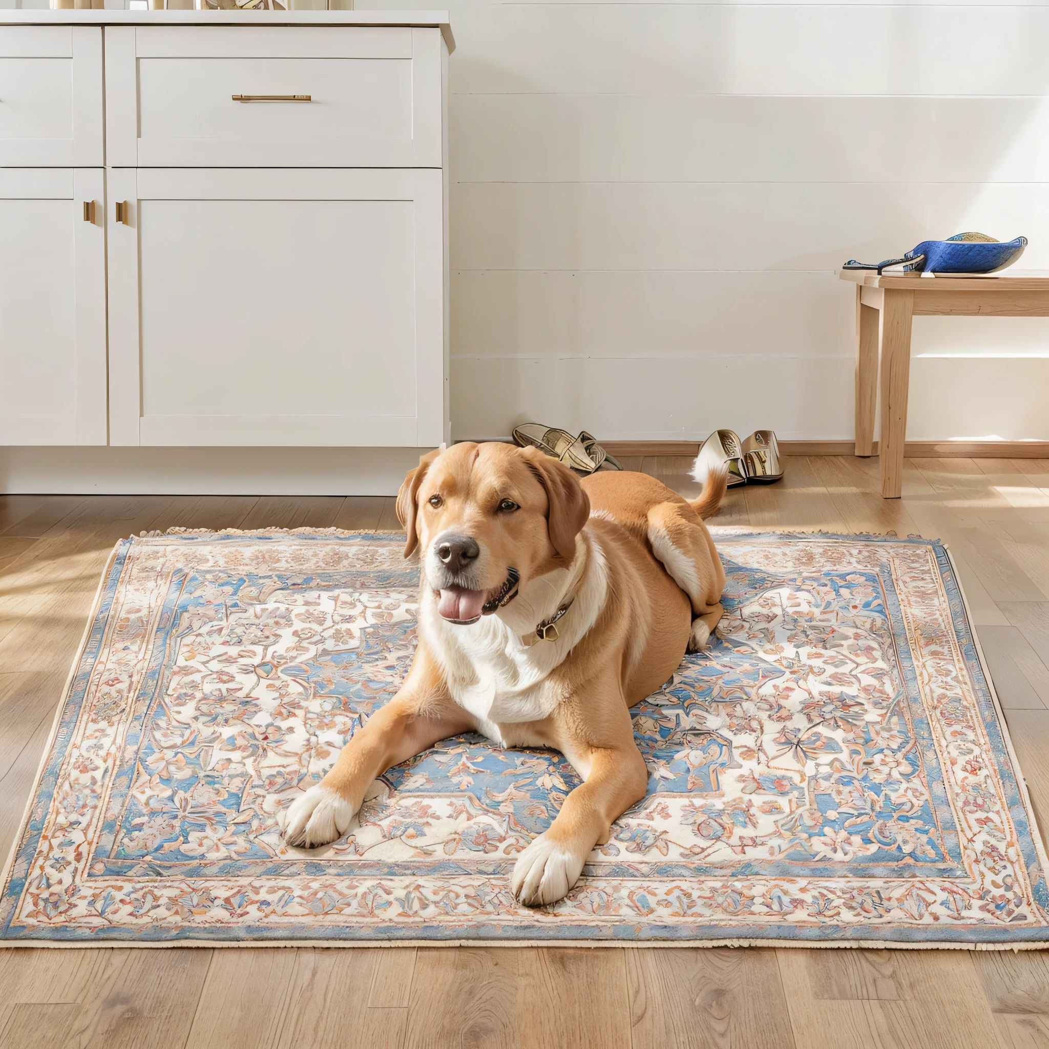there is a dog that is laying on a carpet in the room, detailed patterned carpet, The full subject is shown in the photo, Designed for comfort and aesthetics!, carpet, extremely opulent, Large Portrait, 1 6 x 1 6, , Gorgeous and delicate, 8 x, A big one, Place in the living room, lab, Fine detail features，A dog lying on the carpet，Warm Japanese interior decoration，There is warm sunshine shining down，Natural light and shadow，High-end product pictures