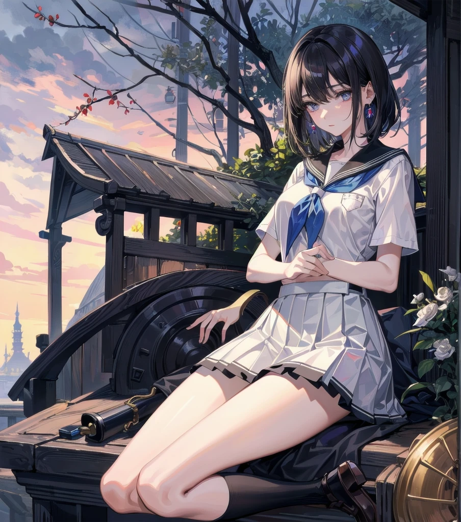 absurdres, RAW photo, extremely delicate and beautiful, masterpiece, Best Quality, ultra high resolution, 32k, hyperrealistic, ultra-detailed, perfect anatomy, super Detailed skin, perfect figure, Japanese woman, late 20s, very Slim body, narrow waist, very small head, handsome detailed woman, very detailed eyes and face, realistic face proportions, Stunning detailed eyes, Realistic beautiful face, very small face, Realistic small beautiful eyes, tearful mole, earring, beautiful and very thin legs, beautiful and very thin thighs, ((very huge round breasts)), medium hair, black hair, (full body shot), ((((school_uniform)))), ((outdoor)),