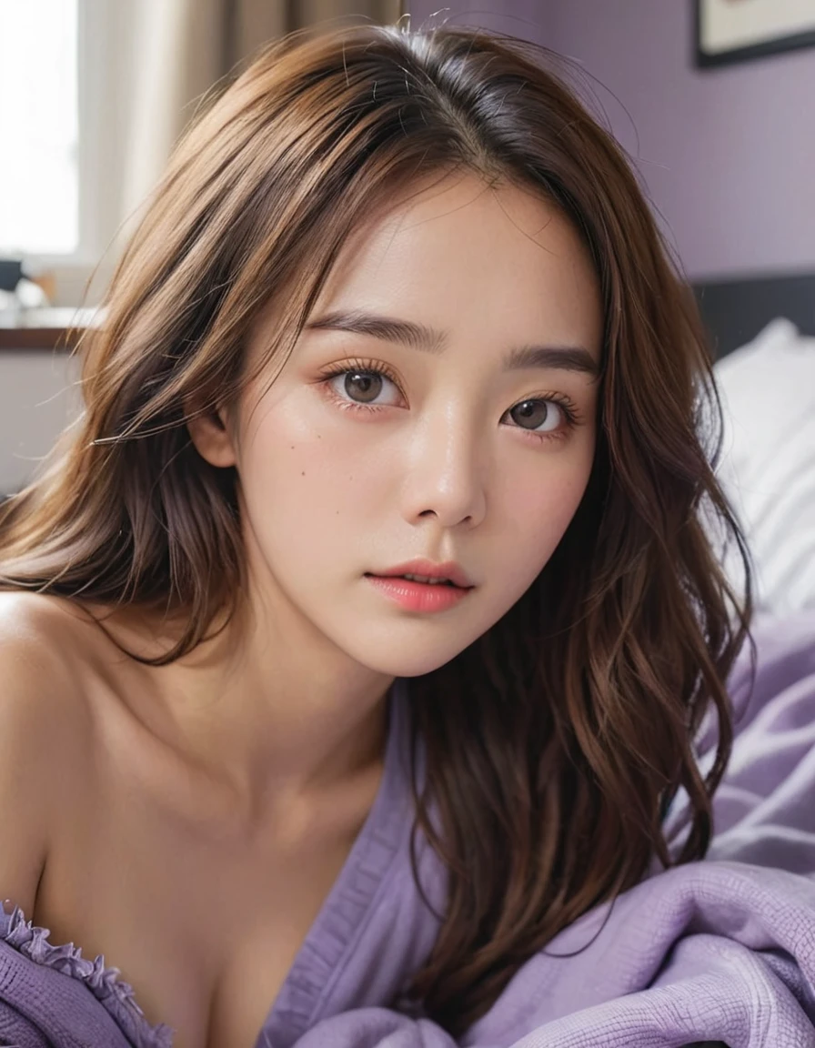 extremely detailed CG unity 8k wallpaper, best quality, ultra-detailed, masterpiece, realistic, photo realistic, extremely detailed cute girl, 25years old, blush, parted lips, round eyes, pajamas, panty shot, looking at viewer , half body shot , room , morning