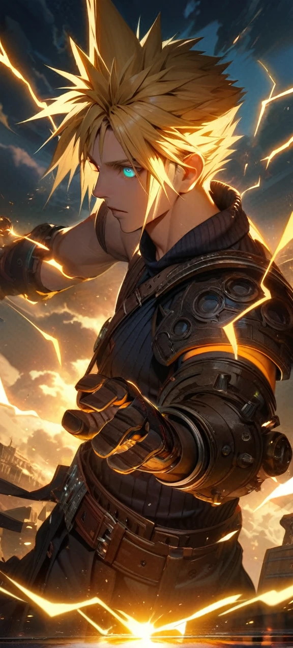 Symetrical,absurdres, highres, ultra detailed, HDR, masterpiece, extremely detailed face and eyes, Cloud Strife,final fantasy 7, yellow hair , , solo, man, handsome, ,, ,Epic fight scene, yellow lightning effect, glowing glitters, symetrical ,
