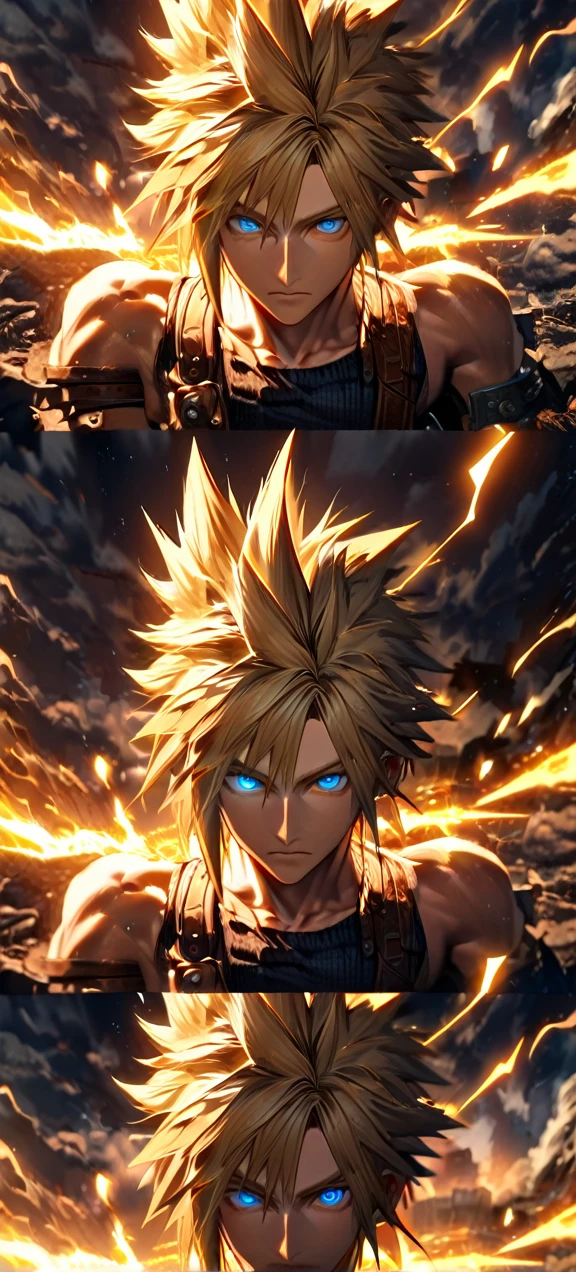 Symetrical,absurdres, highres, ultra detailed, HDR, masterpiece, extremely detailed face and eyes, Cloud Strife,final fantasy 7, yellow hair , , solo, man, handsome, ,, ,Epic fight scene, yellow lightning effect, glowing glitters, symetrical ,