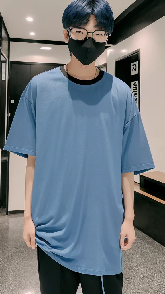 18 year old Korean boy, he is ((oversized xxl blue plain T shirt)), wearing black pants, wearing sneakers, wearing glasses, night club, whole body, (he is 한국 머리카락입니다) k pop style, black mask