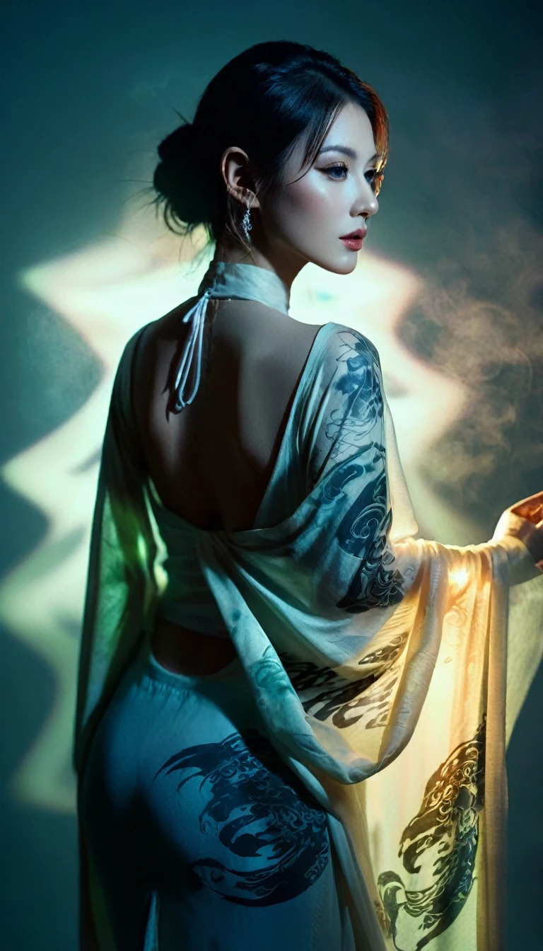 Double Exposure Style,Volumetric Lighting,a girl (Supermodel) with Wrap top,arching her back, beautiful tattoo, Traditional Attire,Artistic Calligraphy and Ink,light depth,dramatic atmospheric lighting,Volumetric Lighting,double image ghost effect,image combination,double exposure style,