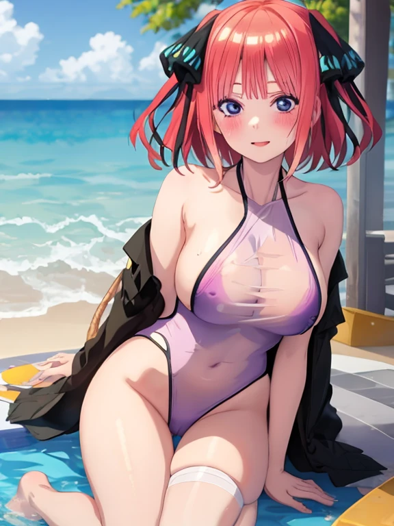 best quality, insanely detailed, nino nakano, breasts, halterneck swimsuit, one-piece swimsuit, See-through swimwear, nsfw