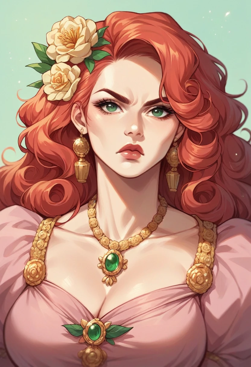 Beautiful overweight 17th century noble non-Oriental woman with long curly red hair, greenish eyes and red, full lips, serious expression, wearing a pink dress with gold flower details, has a pet fox 