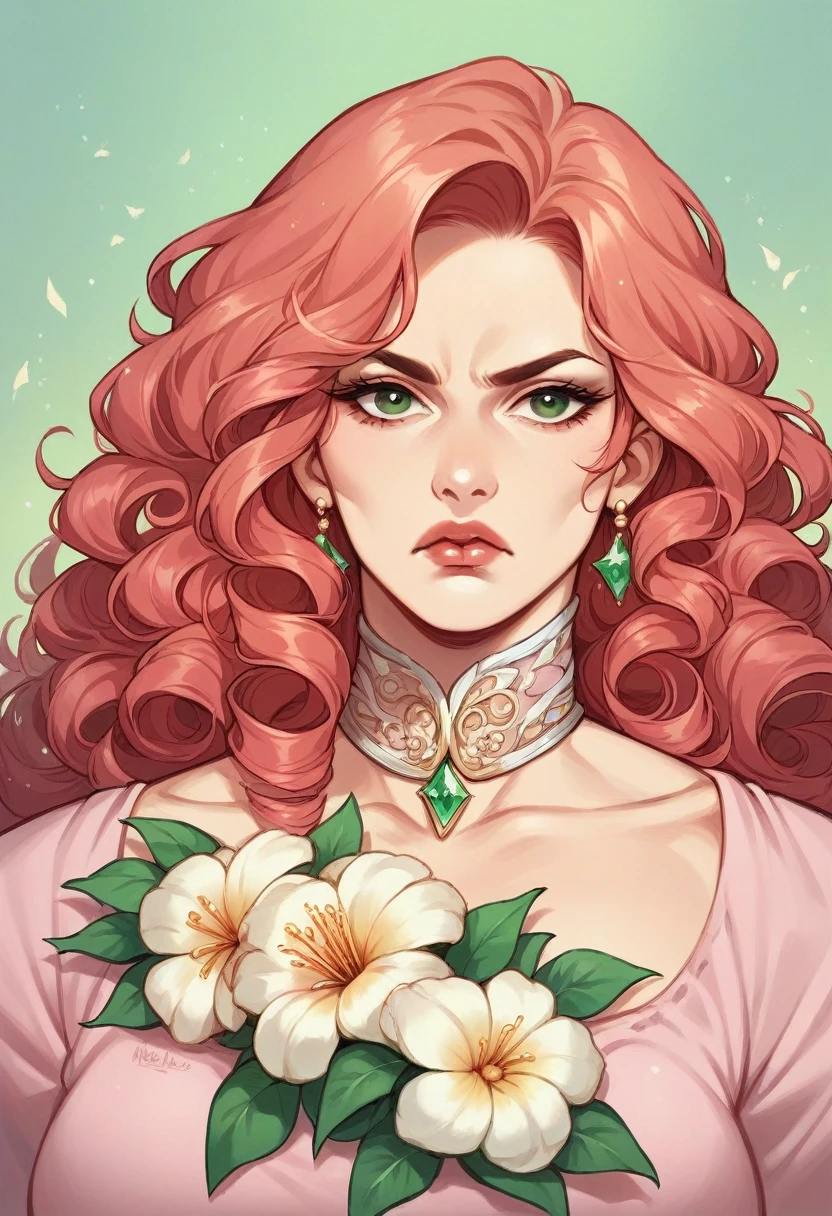 Beautiful overweight 17th century noble non-Oriental woman with long curly red hair, greenish eyes and red, full lips, serious expression, wearing a pink dress with gold flower details, has a pet fox