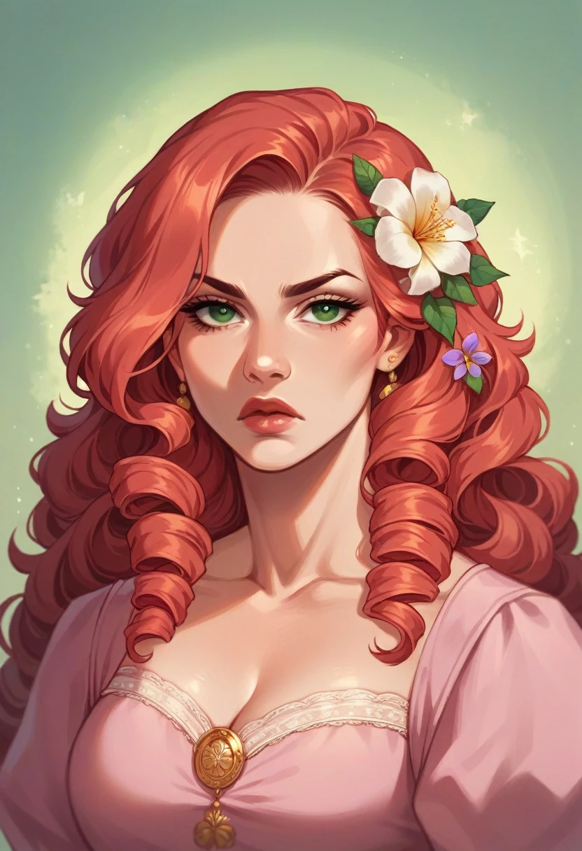 Beautiful overweight 17th century noble non-Oriental woman with long curly red hair, greenish eyes and red, full lips, serious expression, wearing a pink dress with gold flower details, has a pet fox 
