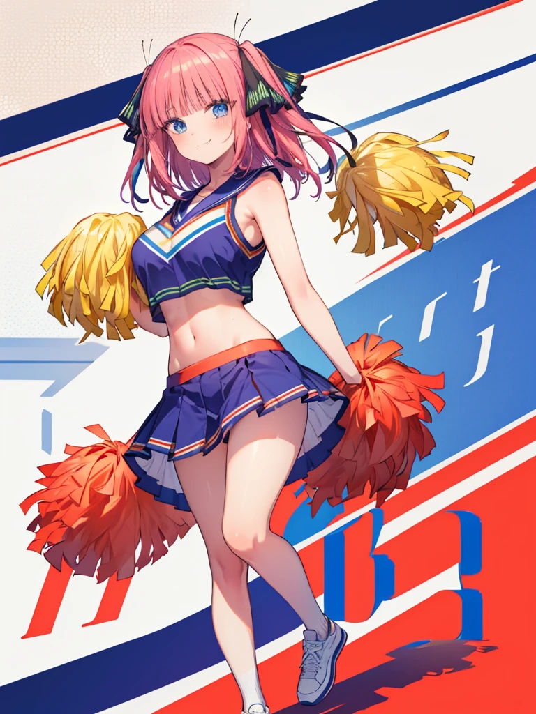 (8K, Highest quality, Highest quality, masterpiece), big breasts, cheerleader, pom pom, midriff, miniskirt, stadium, standing, sweat, smile, (fullbody), nn11girl, hair ribbon, long hair, anime girl