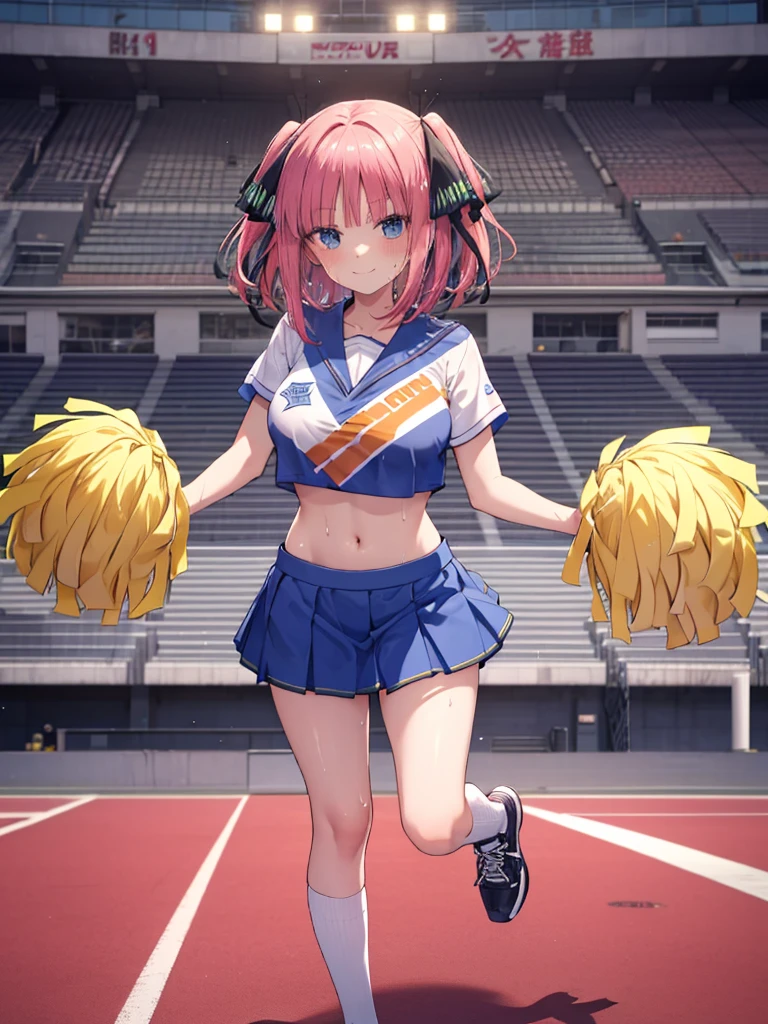 (8K, Highest quality, Highest quality, masterpiece), big breasts, cheerleader, pom pom, midriff, miniskirt, stadium, standing, sweat, smile, (fullbody), nn11girl, hair ribbon, long hair, anime girl

 
