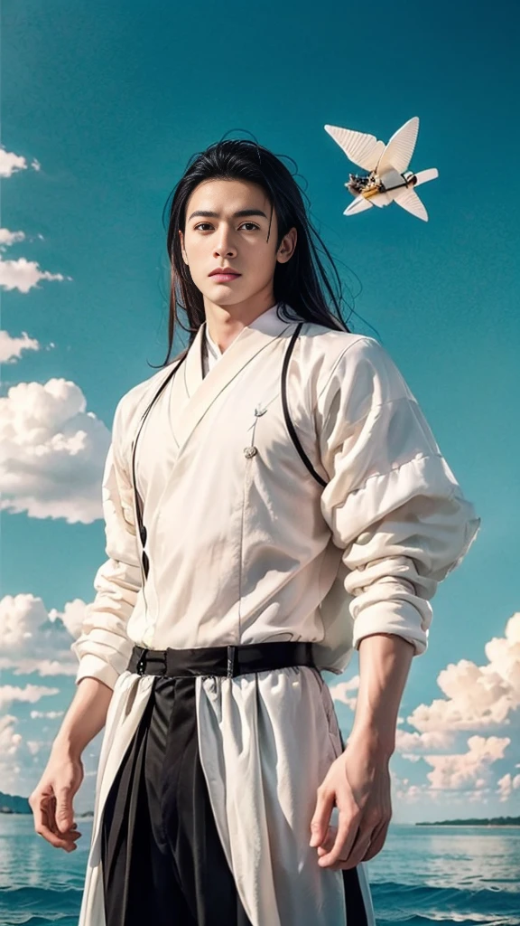 masterpiece,Highest quality,High resolution,Jiufeng Boy,Upper Body,Abdominal muscles, Pectoral muscle,Open the tulle coat,Flying Fish Skirt