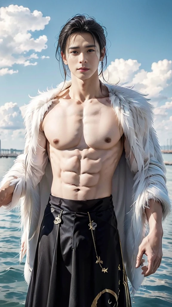 masterpiece,Highest quality,High resolution,Jiufeng Boy,Upper Body,Abdominal muscles, Pectoral muscle,Open the tulle coat,Flying Fish Skirt