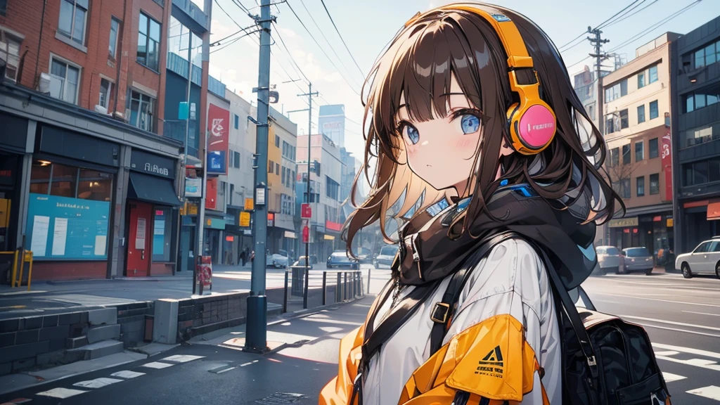 Girl wearing headphones。Brown Hair