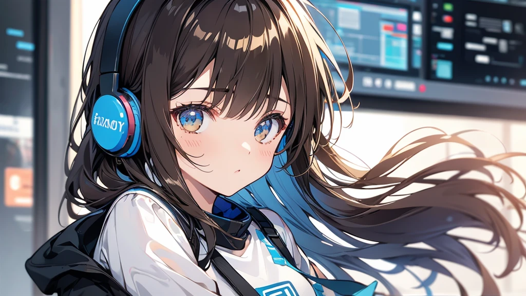 Girl wearing headphones。Brown Hair