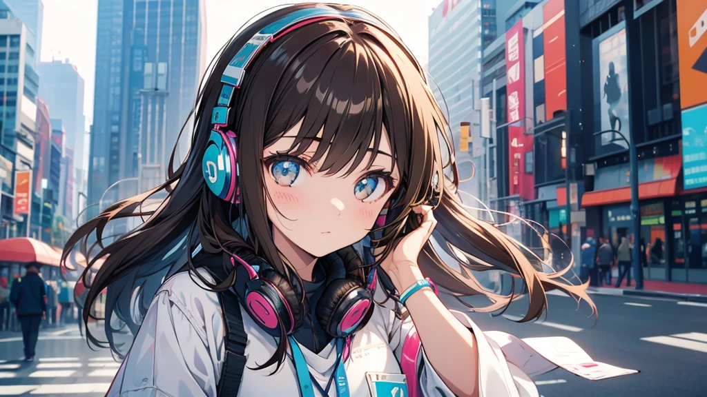 Girl wearing headphones。Brown Hair