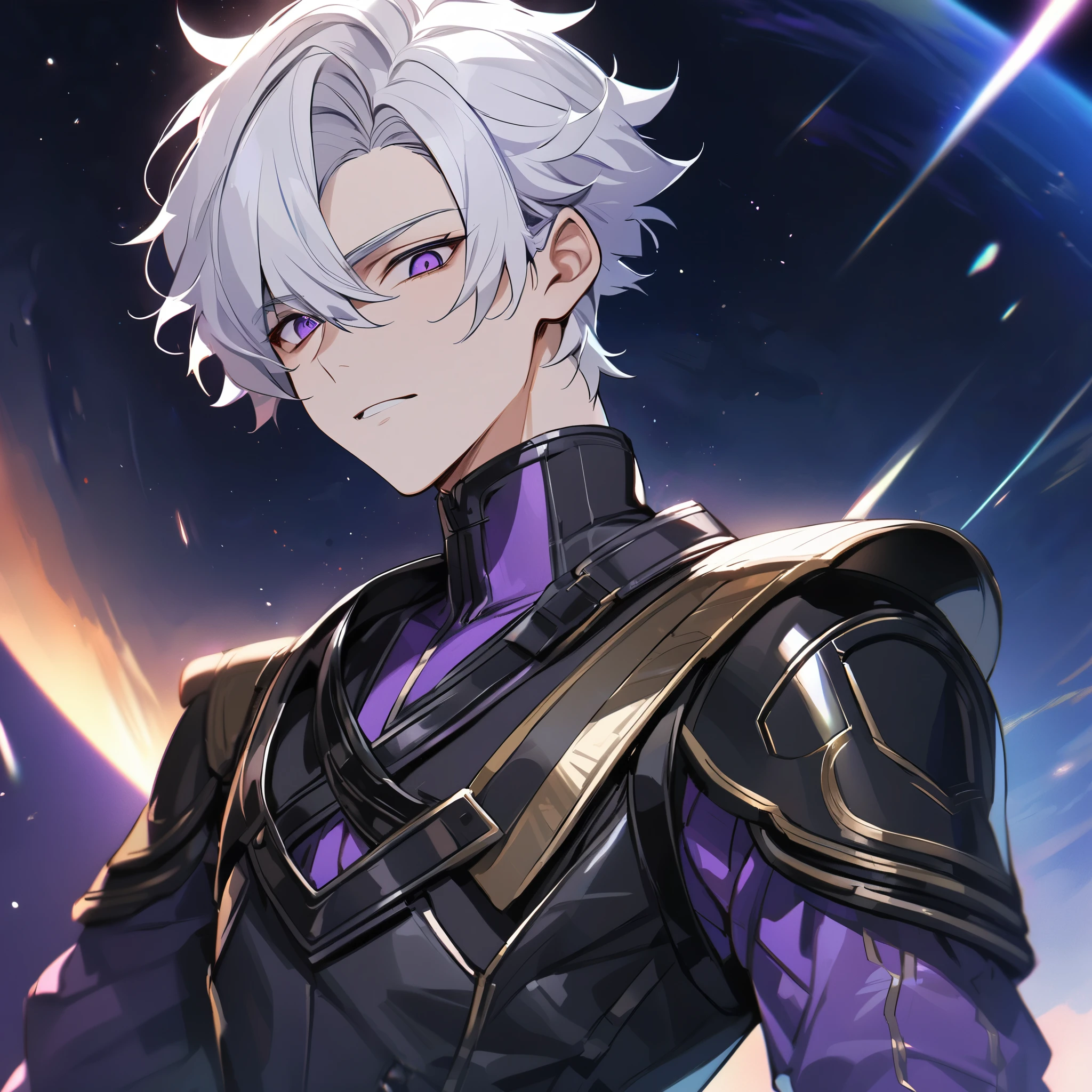 High quality, HD, 4k, no shadows, handsome male, 1male, , teenager, go lining, short white hair, sharp eyes, dark purple eyes, deep purple eyes, devil may cry, close up, calm expression, stoic expression, black leather clothes, lean body, well trained body, upper body, looking at viewer, cowboy shot, white solar, space background