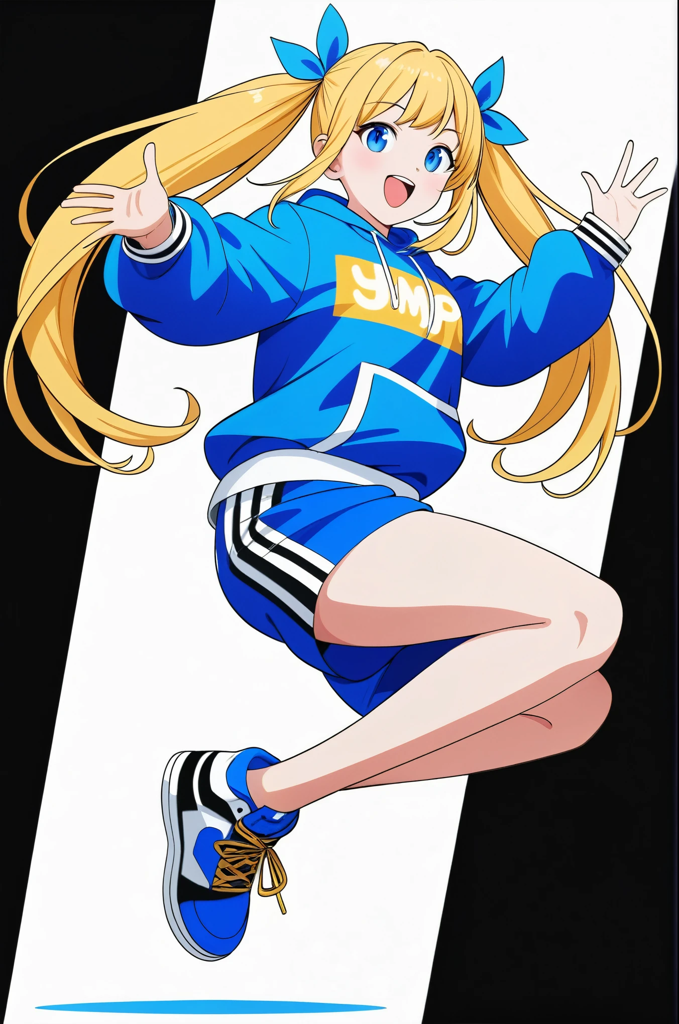 (superflat, flat shading, flat colors), 1girl,petite, loli, school uniform, (children's print panties), squatting, sneakers, geometric background white yellow blue, smile, fun, vibrant colors, watercolor