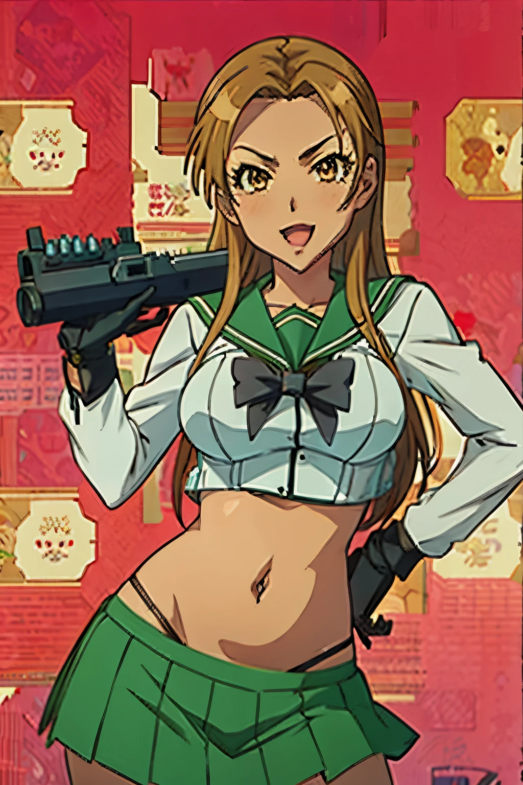 Brown Hair, 1girl, 独奏, lipstick, blush, masterpiece, best quality, highly detailed, a anime girls in sailor uniforms with a gun posing for a picture,
evil smile, smile, open mouth,black_serafuku, ecchi anime style, anime girls , (nsfw) not safe for work,
ecchi style, ecchi, shipgirls, digital anime art!!, high school girls, holding a gun, hold a gun, anime style 4
k, micro skirt, exposed belly, exposed navel, exposed midriff,
exposed lower belly,school, classroom, navel piercing