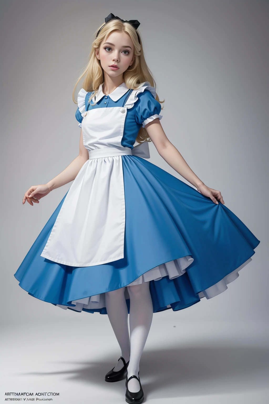 masterpiece, 1girl, solo, make her a cute Alice in Wonderland with blonde hair, powder blue dress with white apron, tall white stockings, dynamic, ultra high def, 32k, (perfect anatomy:1.5), perfect legs, in the style of Artgerm and Adam Hughes, perfect arms