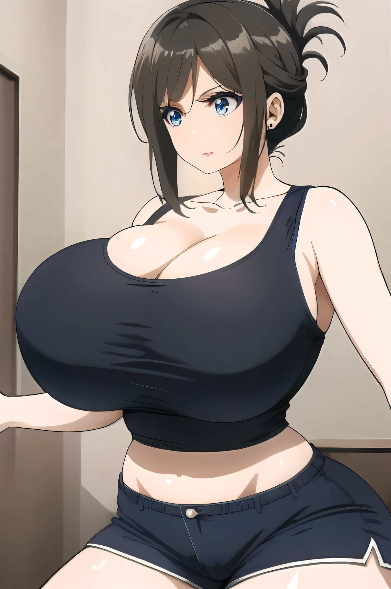 1girl, solo, breasts, bangs, brown hair, black hair, navel, cleavage, bare shoulders, brown eyes, standing, collarbone, sidelocks, thighs, cowboy shot, parted lips, shorts, midriff, indoors, huge breasts, crop top, short shorts, black shorts, tank top, folded ponytail, door, black tank top