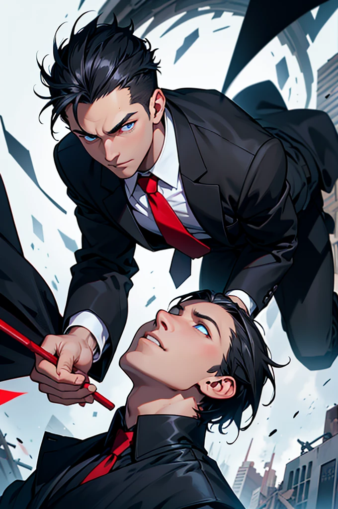 (Absurd, High resolution, Ultra-detailed), masterpiece, Highest quality, A man wearing black clothes and a black cloak, Has a black hole ,Holding a black hole in hand , 公式characterアート, short hair, Black Hair, Glowing blue eyes, Finely grained, Spiky Hair, City in Ruins, Dark Background, Black Swirl, Black swirl, Looking up from below, Looking up, character , White shirt , Red tie