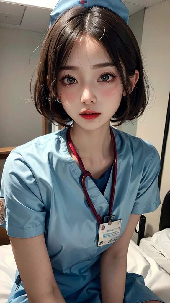 (Highest quality, masterpiece:1.3), ((Beautifully detailed face)), Beautiful and detailed skin, Intricate details, Very detailed, Best image quality in 8K, (18 year old girl:nurse,White nurse uniform,mini skirt,No hat),Japanese girl,Baby Face,(Detailed Hair,Bobcut:1.4,Black Hair),Detailed lips,Open your mouth,(Hospital room,bed),blush,Embarrassing,Realistic Face,Realistic Skin,(sexy:2.0,Clothes are disheveled),(Vibrant Skin,Moisturized Skin:1.2),Vivid lips,Lip gloss