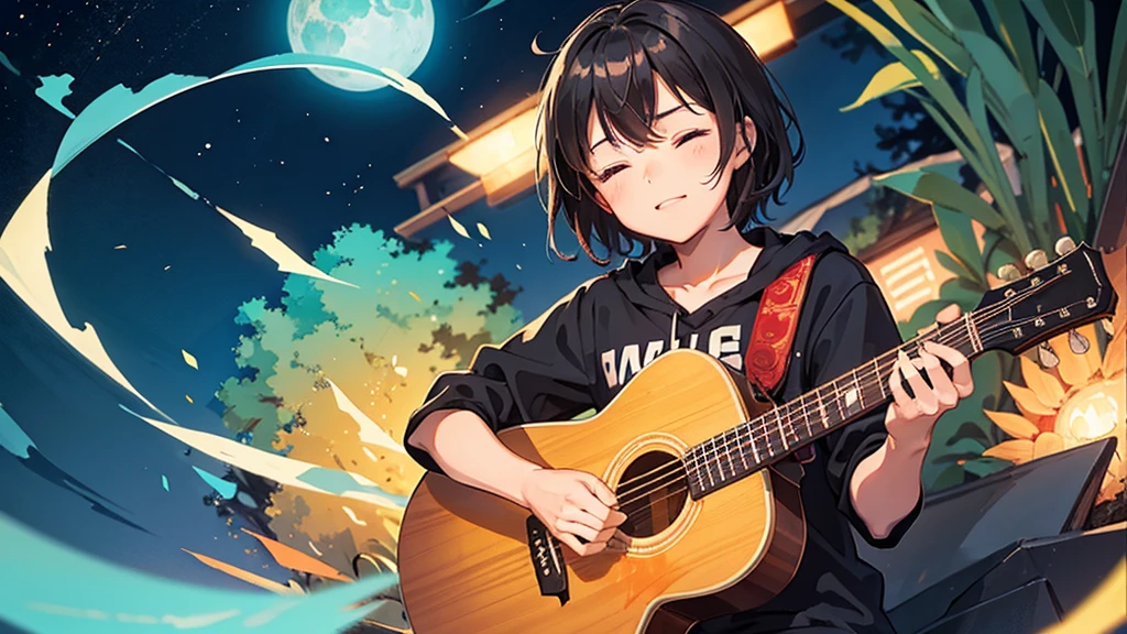 Late Night。At a distance、A boy or girl around is playing an acoustic guitar alone with their eyes closed.。